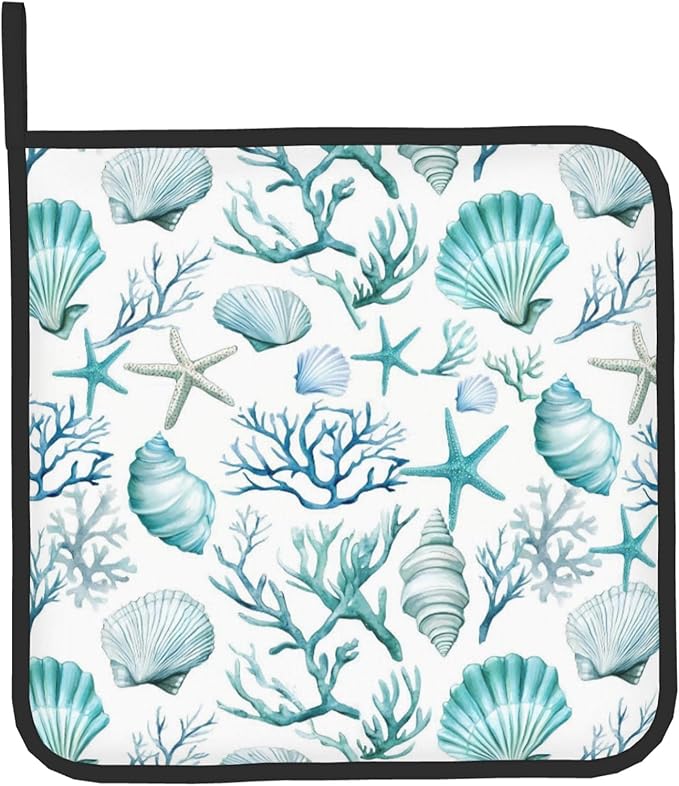 Nautical Oven Mitts and Pot Holders Sets Coastal Kitchen Mitts Potholders 2PCS Summer Starfish Seashell Coral Beach Oven Gloves Hot Pads for BBQ Grilling - Image 9