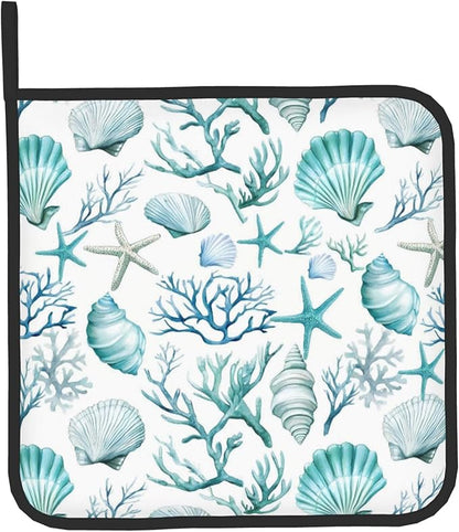 Nautical Oven Mitts and Pot Holders Sets Coastal Kitchen Mitts Potholders 2PCS Summer Starfish Seashell Coral Beach Oven Gloves Hot Pads for BBQ Grilling - Image 9