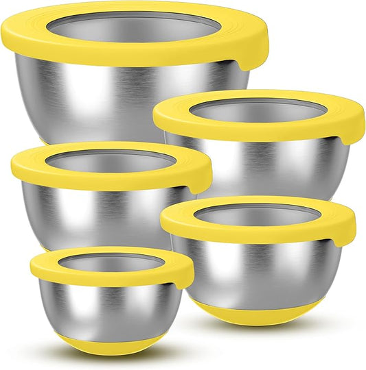 KITEISCAT Stainless Steel Mixing Bowls with Lids – Set of 5 Large Nesting Metal Bowls for Kitchen, Baking, Cooking, Food Prep & Storage, Non-Slip Base, Dishwasher Safe,Yellow by KITEISCAT