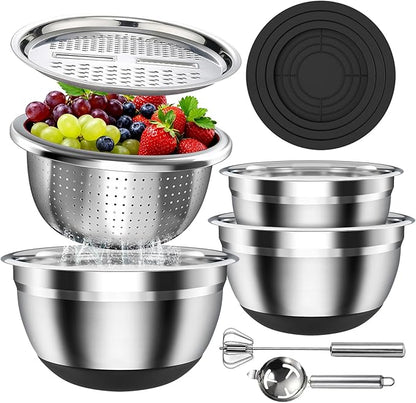 Stainless Steel Mixing Bowls Set with Lids & Silicone Base - 7-Piece Kitchen Gadgets Includes Colander, Grater, Egg Separator, Whisk - Nesting Bowls (1.5, 2, 2.5, 4.5 QT), Dishwasher Safe, Black by ENVTEK