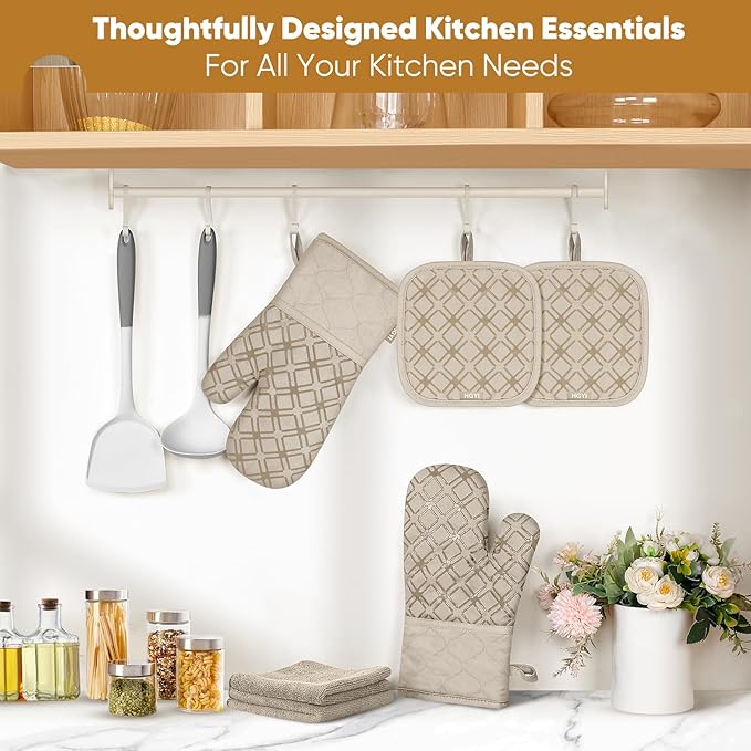 Oven Mitts and Pot Holders Set with Dishcloths, 500 Degree Heat Resistant Oven Gloves and Hot Pads, Premium Soft Cotton Kitchen Mittens and Dish Cloth Sets-Beige - Image 7