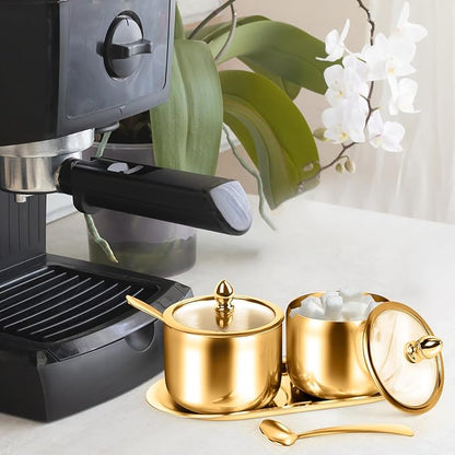 holoith 2 Pcs Coffee and Sugar Dispenser with Tray - 10 oz Sugar Bowl with Glass Lid and Spoon for Coffee Bar Accessories Kitchen Storage for Salt,Coffees Bean,Brown Sugar Cubes (Gold) - Image 2