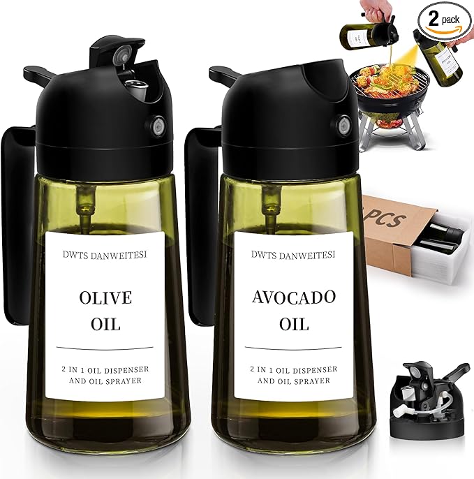 DWTS DANWEITESI Oil Sprayer for Cooking 2pcs,2 in 1 Oil Dispenser and Oil Sprayer Kitchen Gadgets,16oz Dark Green Glass Oil Spray Bottle(Light Blockage),Perfect Kitchen Accessories by DWTSDANWEITESI