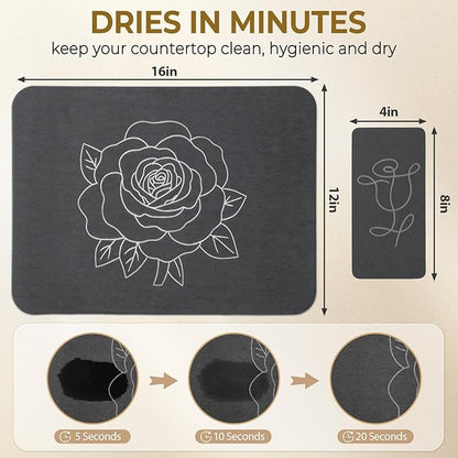 Stone Dish Drying Mat for Kitchen Counter, Glittery Resin Rose Pattern Quick Drying Mat, Water Absorbing Diatomaceous Pad for Plate Bottle Utensil Rack,Space Saving (Silver & Grey 16"×12" & 8"×4")