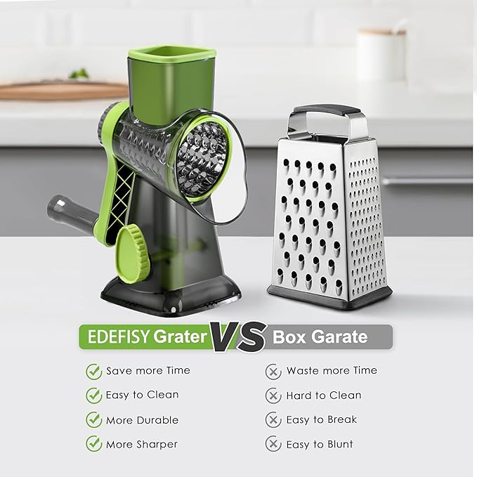 Quick Rotating Cheese Grater, Manual 3-in-1 Vegetable Chopper with Interchangeable Blades and Suction Cup Base (Green) - Image 5