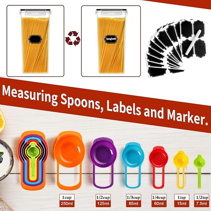 PRAKI 30 Pack Airtight Food Storage Containers for Kitchen Pantry Organizers and Storage, Plastic Kitchen Storage Canisters with Lids,Cereal, Flour & Sugar Containers - Labels, 6 Spoon & Marker - Image 5