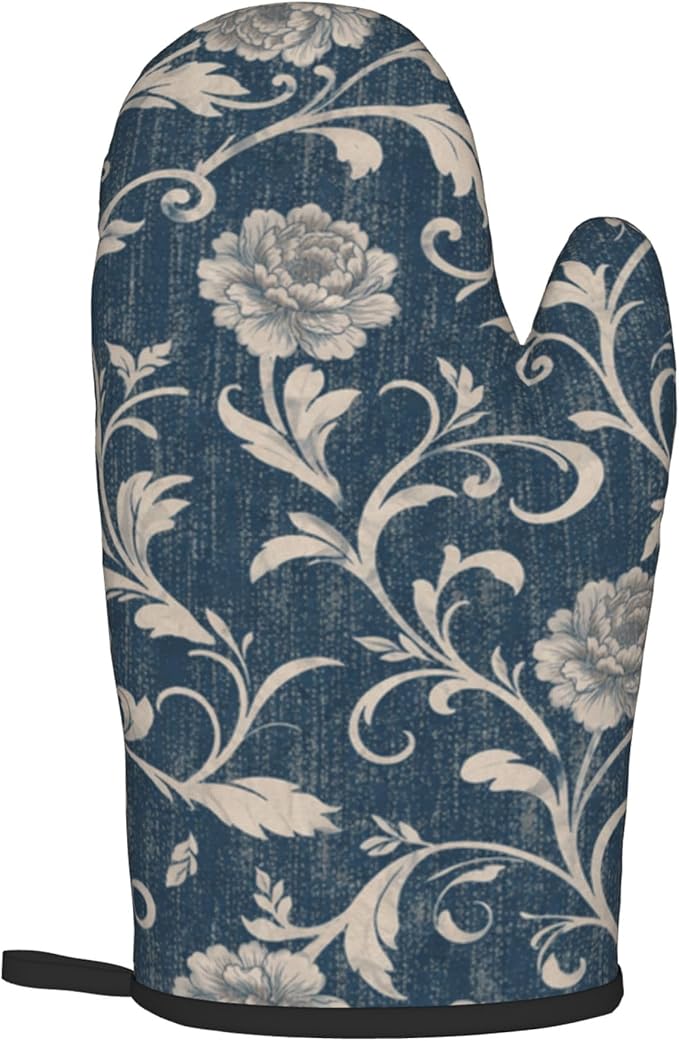 Navy Blue Oven Mitts and Pot Holders Vintage Floral Kitchen Accessories Set of 2 Teal Flowers Gloves Potholder for Chef Cooking Baking Grilling BBQ - Image 8