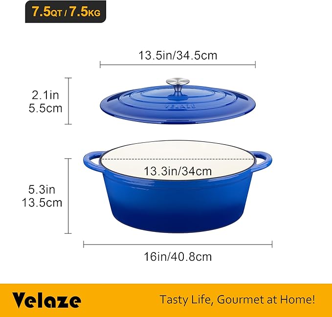 Velaze 7.5 QT Enameled Oval Dutch Oven Pot with Lid, Cast Iron Dutch Oven with Dual Handles for Bread Baking, Cooking, Frying, Non-stick Enamel Coated Cookware（Blue) - Image 2