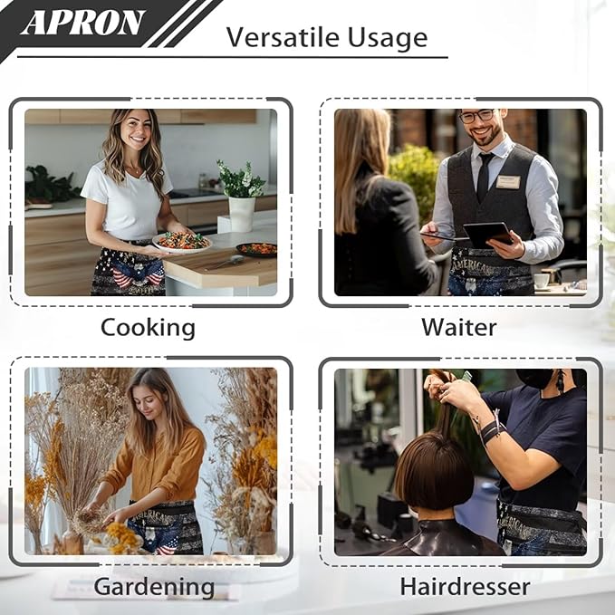 Server Apron with 3 Pockets, Waterproof Oil Waitress Waiter Half Apron for Restaurant Hotel Kitchen Cafe