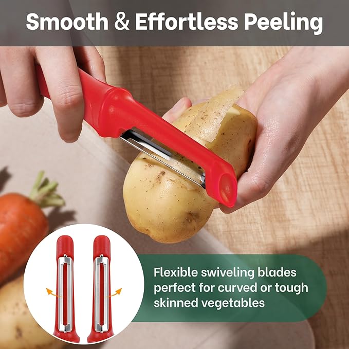 Beneno Swivel Vegetable Peeler, Razor-Sharp Smooth Peeling Potato Peelers with Stainless Steel Blades, Ergonomic Comfort Non-Slip Rubber Handle, Durable Kitchen Peelers with Potato Eye Remover, Red - Image 8