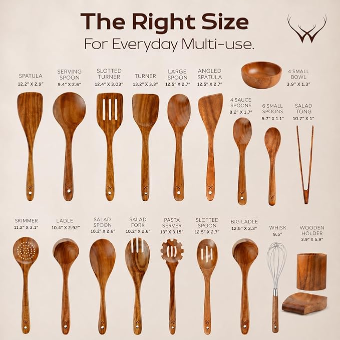 30 Pcs Teak Wooden Utensil Set – Premium Cooking Utensils Set, Natural Wooden Spoons for Cooking - Sturdy Kitchen Utensils & Cooking Spoons for Every Chef - Image 9
