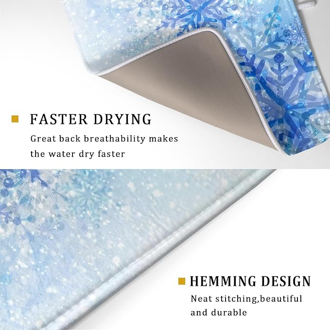 Giwawa 18"x24" Winter Blue Snowflakes Dish Drying Mat Christmas Snow Falling Nature Ice Dish Drainer Mats for Kitchen Microfiber Reversible Dish Drying Rack Pad for Countertop Tabletop Decor