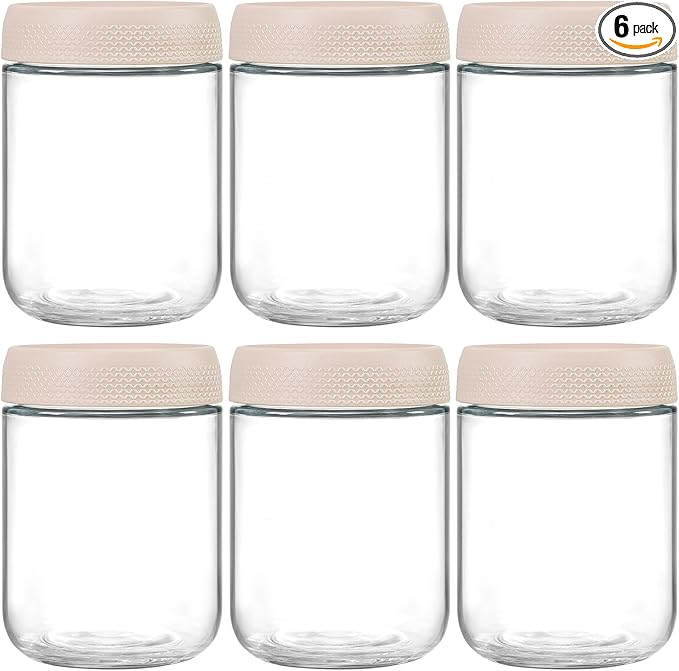 NETANY 6-pack 16oz Glass jars with Airtight Lids, Overnight Oats Containers with Lids, Wide mouth Mason Salad jars, Glass Food Storage Containers for Snacks Yogurt Spice Sugar-Beige by NETANY