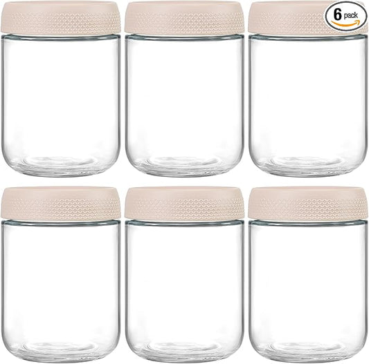 NETANY 6-pack 16oz Glass jars with Airtight Lids, Overnight Oats Containers with Lids, Wide mouth Mason Salad jars, Glass Food Storage Containers for Snacks Yogurt Spice Sugar-Beige by NETANY