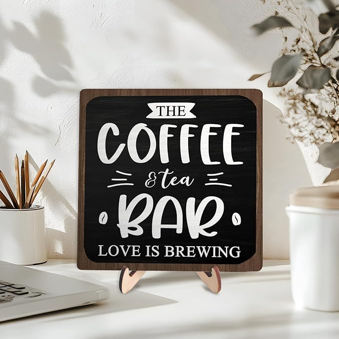 Coffee Bar Decor Sign, Rustic Wooden Plaque for Coffee Lovers, Farmhouse Shelf Accent, Gift for Espresso Fans, Kitchen or Café Desk Display, 5.9 x 5.9Inch(Black+Brown) - Image 3