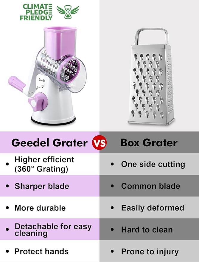 Geedel Rotary Cheese Grater, Kitchen Mandoline Vegetable Slicer with 3 Interchangeable Blades, Easy to Clean Rotary Grater Slicer for Fruit, Vegetables, Nuts - Image 2