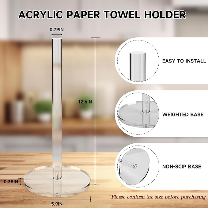 WORHE Paper Towel Holder Countertop Clear Acrylic 5.9" Diameter Thickening Sturdy Base,for Kitchen Bathroom, Paper Towel Dispenser for Tear Tissue Roll 1 Pack (YGC001) - Image 2