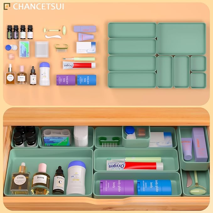 CHANCETSUI 9 Pcs Stackable Drawer Organizer Trays Set, Green, Multifunctional Storage for Vanity, Bathroom, Kitchen, Desk Drawer Organizer Office, PET Plastic - Image 3