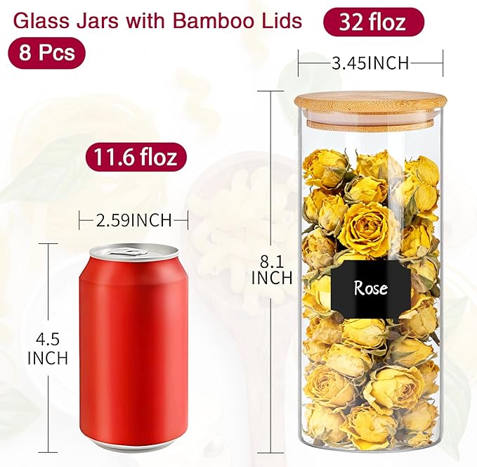 BGraceyy 32 oz 8 Pcs Glass Jars with Bamboo Lids, Stackable Clear Food Storage Jars, Airtight Kichen Glass Pantry Storage Containers with Lids for Rice, Candy, Sugar, Flour, Nuts, Cookie, Coffee Bean - Image 2