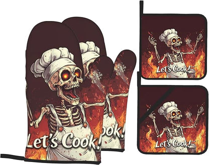 Funny Skull Oven Mitts with Matching Potholders - Heat Resistant Kitchen Accessories for Baking, Grilling, Cooking, Gifts for Women