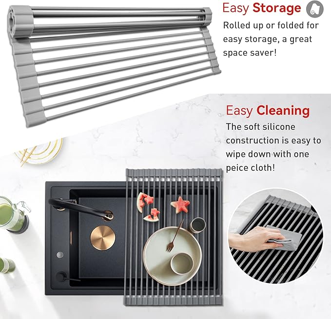 MERRYBOX Roll Up Dish Drying Rack, Over The Sink Dish Rack Foldable, Heat-Resistant, Anti-Slip Silicone Coated Dish Drainer for Kitchen Counter, Large & Multipurpose Sink Drying Rack, 20.5" x 13.1" - Image 5