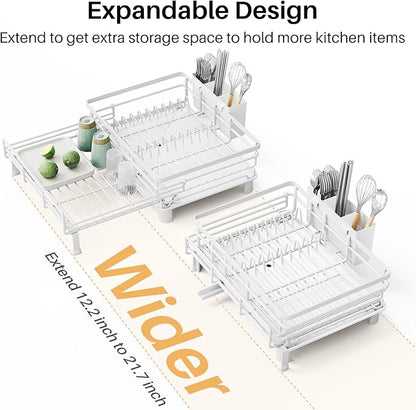 SNTD Dish Drying Rack - Extendable Dish Rack, Large Sink Drying Dish Drainer for Kitchen Counter, Stainless Steel Dish Strainer with Utensil Holder (White) - Image 5