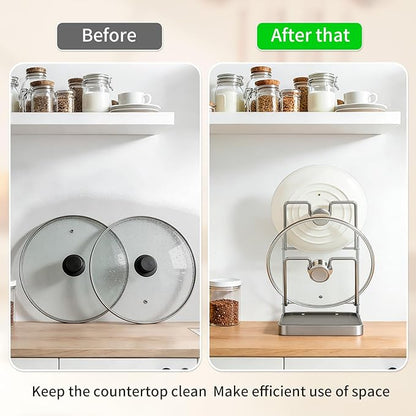 304 Stainless Steel Pot Lid Holder While Cooking, Pot Lid Organizer Rack with Drip Tray for Stove Top, Multifunctional Kitchen Countertop Organizer Space Saving Lid Holder (Silver)