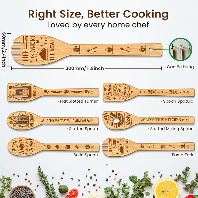 CUTHOLLOW 6PCS Kitchenware Wooden Kitchen Cooking Utensil Set, 11.9in Non Toxic Bamboo Wood Spoon Set for Cooking, Best Housewarming Birthday Thanksgiving Christmas Gift for Women Mother