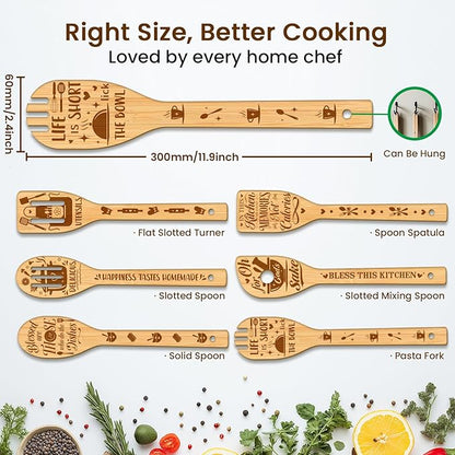 CUTHOLLOW 6PCS Kitchenware Wooden Kitchen Cooking Utensil Set, 11.9in Non Toxic Bamboo Wood Spoon Set for Cooking, Best Housewarming Birthday Thanksgiving Christmas Gift for Women Mother