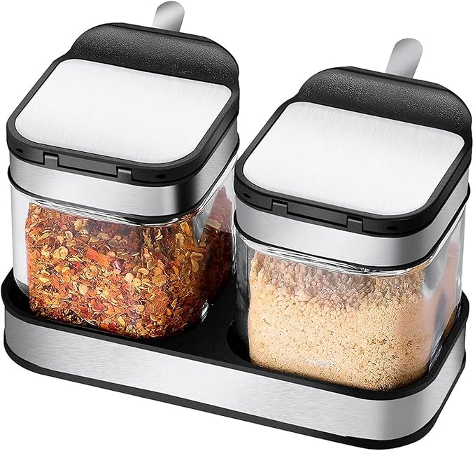 Condiment Jar Spice Container with 304 Stainless Steel Lids and Spoons,Clear Glass Condiment Canisters Pots Seasoning Box Salt Container Sugar Bowl Set of 2 for Kitchen, Counter, Food Storage
