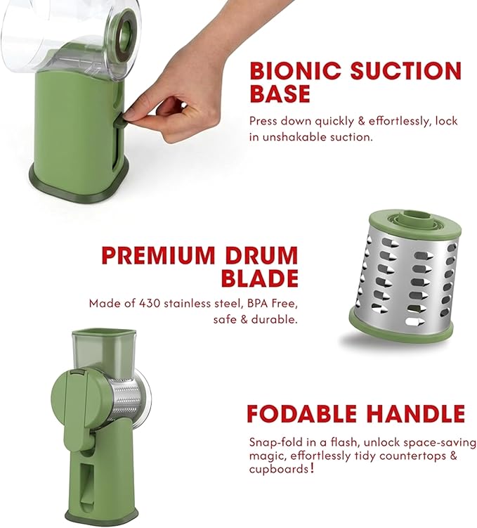 Rotary Cheese Grater Hand Crank with Foldable Handle, 3 Stainless Steel Blades, Perfect Graters for Kitchen, Manual Cheese Shredder Hand Crank with Suction Base, Rotary Grader, Green (Green)