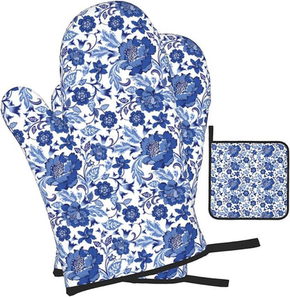 Navy Blue Floral Oven Mitts and Pot Holders Sets, Blue Chinoiserie Kitchen Mitts,Heat Resistant Oven Gloves Potholders for BBQ Baking Cooking Gifts for Baker Women & Housewarming Gifts for Hostress