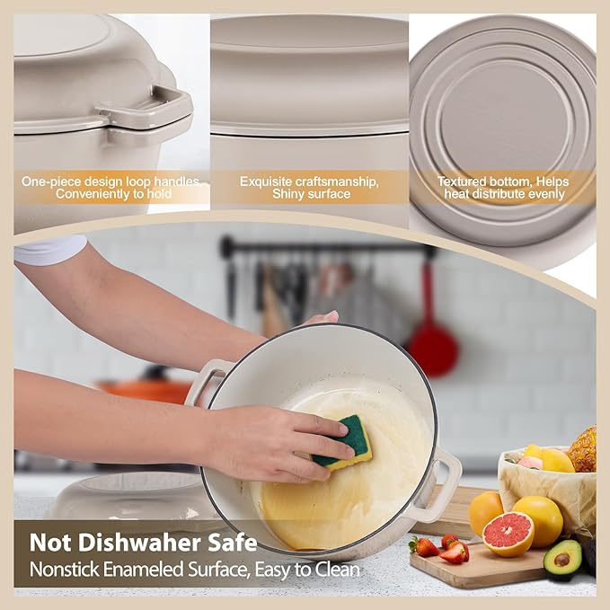 TeamFar 5 Quart Dutch Oven, 2 In 1 Enameled Cast Iron Dutch Oven Pot Cookware with Skillet Lid, for Bread Baking Braising Stewing Roasting, Sturdy & Nonstick, Oven Safe & Fit for Induction (Khaki) - Image 5