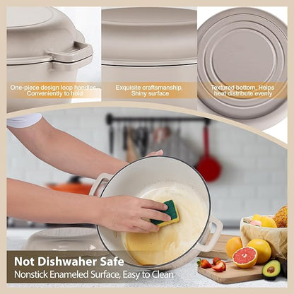 TeamFar 5 Quart Dutch Oven, 2 In 1 Enameled Cast Iron Dutch Oven Pot Cookware with Skillet Lid, for Bread Baking Braising Stewing Roasting, Sturdy & Nonstick, Oven Safe & Fit for Induction (Khaki) - Image 5