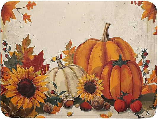 Happy Thanksgiving Day Harvest Dish Drying Mat for Kitchen Counter,Sunflower Maple Leaves Pumpkin Drying Mat 18 x 24 Inch with Absorbent Reversible Microfiber Dish Drying Pad for Coffee Bar by Anyako