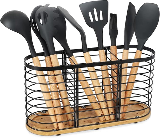 Utensil holder for Kitchen Counter- Large Utensils Holder For Farmhouse Cooking 13.5" x 4.3" x 6.9" with Wooden Base Matte Black Cooking Utensil Holder Spatula Holder Utensil Caddy by Witarten
