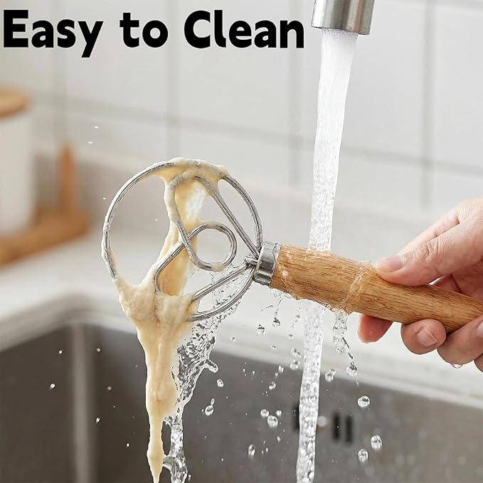 TEEVEA Danish Dough Whisk for Sourdough Bread, Wooden Handle Stainless Steel Mixing Tool - Image 7