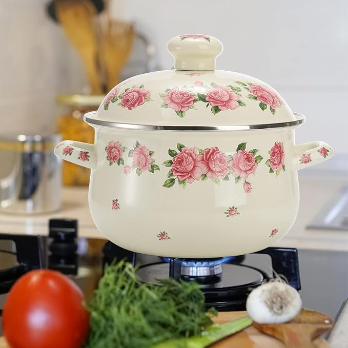 SOUJOY Enamel Stockpot with Lid, 2.8 Quart Retro Cooking Pot, Vintage Floral Stew Bean Simmer Pot with Handle, Kitchen Soup Pot, Safe for Induction Cookers, Gas Stove - Image 7