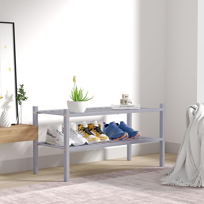 ROMGUAR CRAFT 2 Tier Bamboo Shoe Rack for Closet Free Standing Wood Shoe Shelf for Entryway Small Space Stackable 27"x11"x13" (Grey) - Image 7