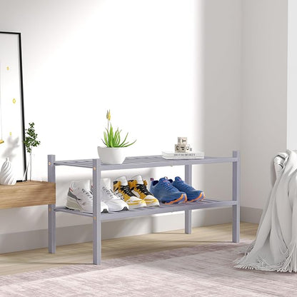 ROMGUAR CRAFT 2 Tier Bamboo Shoe Rack for Closet Free Standing Wood Shoe Shelf for Entryway Small Space Stackable 27"x11"x13" (Grey) - Image 7
