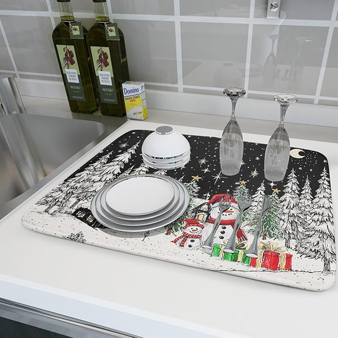 Winter Snowman Dish Drying Mat 24 X 18 in Black Microfiber Dish Pad Absorbent Holiday Kitchen Accessories - Image 6