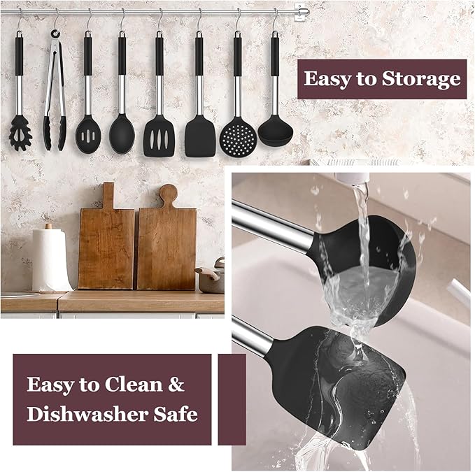 TeamFar Kitchen Utensils Set of 8, Silicone Utensils Kitchen Tools Set with Stainless Steel Handle, for Frying Serving Flipping Draining, Non-toxic & Heatproof, Nonstick & Dishwasher Safe - Black - Image 6