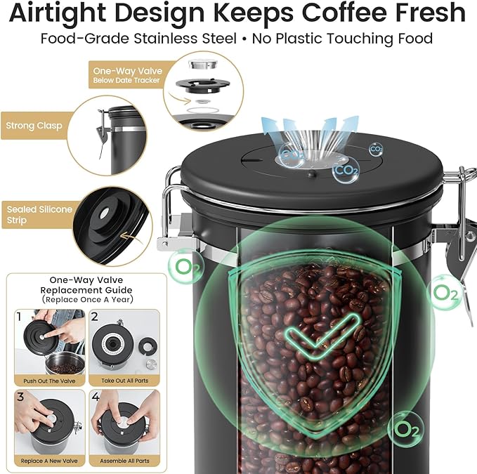 Veken Coffee Canister with Window,Airtight Stainless Steel Pantry Container,Home Kitchen Food Storage Organizers for Ground,Beans,Espresso,Rice,Tea,Sugar,Cereal, Decor,Bar Accessories,Gifts,22OZ,Black - Image 5