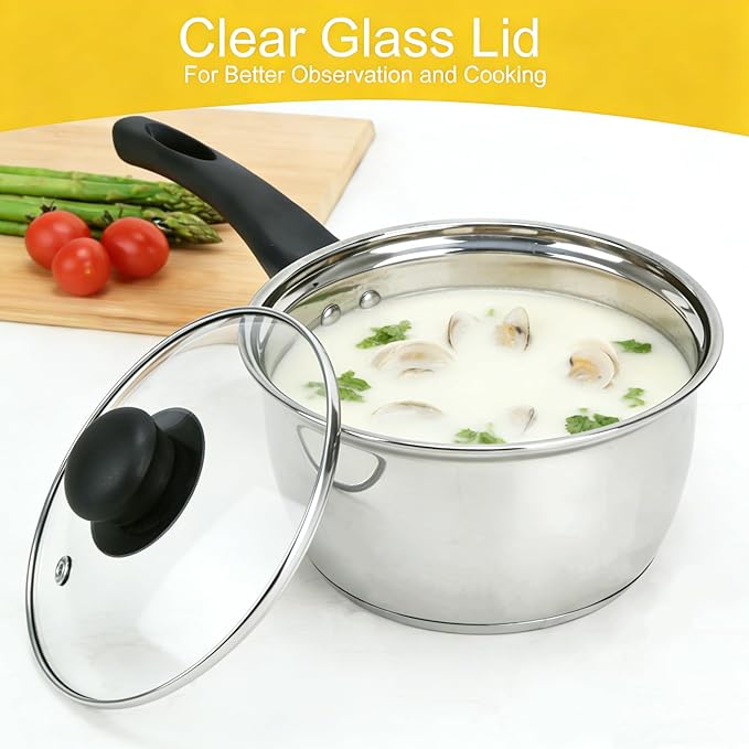 3pcs Stainless Steel Saucepan Set, Kitchen 1QT & 2QT & 3QT Pot Set with Lid Triply Base Sauce Pot for Cooking Stainless Steel Cookware Set - Image 4