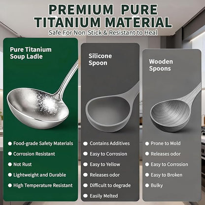 Newness Soup Ladle, [Rustproof, Heat Resistance] Resilient Pure Titanium Soup Spoon with Long Ergonomic Natural Wooden Round Handle, Non-Toxic Cooking Spoon for Kitchen, 14.56 Inches - Image 3