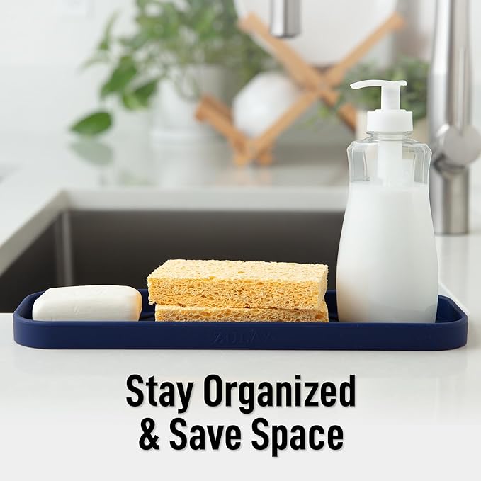 Zulay Kitchen Large Silicone Sponge Holder (12x4) – Flexible Sink Organizer Tray for Kitchen & Bathroom – Multipurpose Soap Dish for Sponges, Makeup, Trinkets & More (Dark Blue) - Image 6
