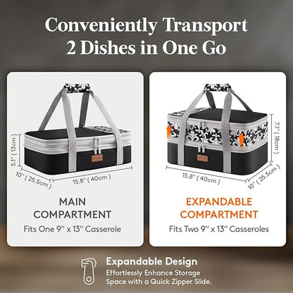 Lifewit Insulated Double Decker Casserole Carrier, Expandable Lasagna Lugger Tote Bag for Hot or Cold Food, Fits 9" x 13" Baking Dish for Potluck Parties, Picnic and Cookouts, Black-Flowers