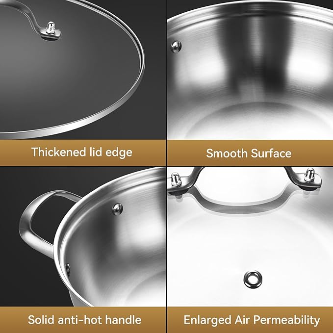 LOLYKITCH 5 QT Tri-Ply Stainless Steel Sauté Pan,12 Inch Deep Frying Pan with Lid,Large Skillet,Jumbo Cooker,Induction Cooking Pan,Dishwasher and Oven Safe. - Image 6