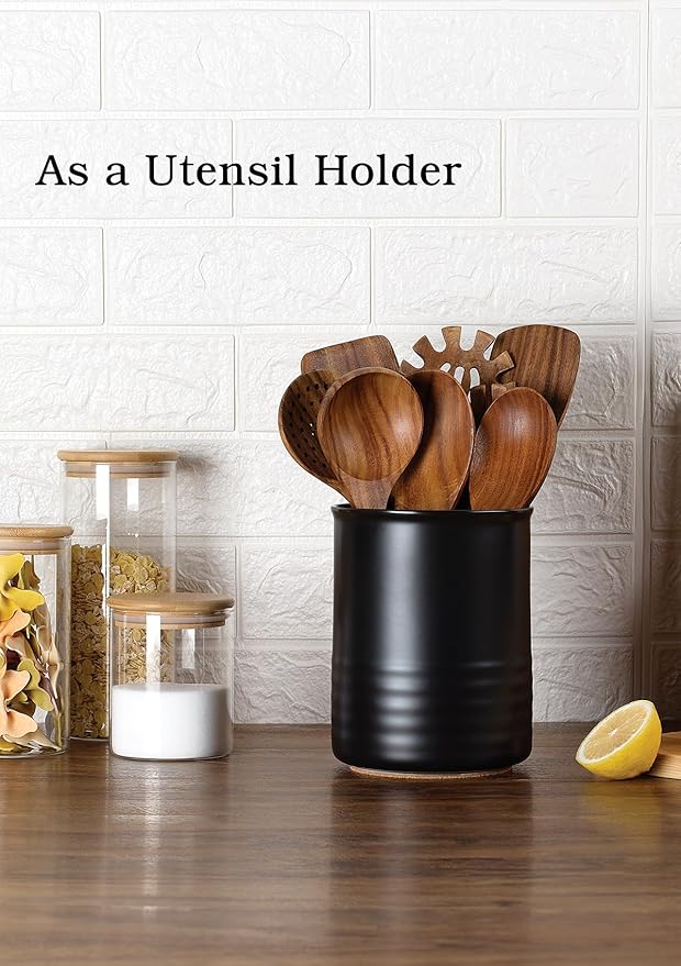 ABRUTY Utensil Holder, 6.7" Ceramic Kitchen Utensil Crock for Countertop Cooking, Modern Utensil Caddy Jar Organizer for Farmhouse Kitchen Counter Décor, Matte Black - Image 4