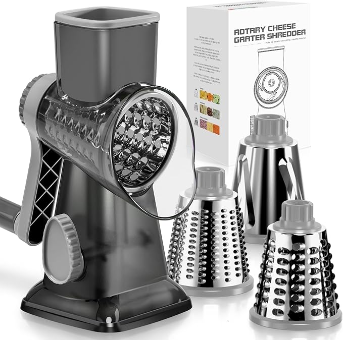 KEOUKE Rotary Cheese Grater Hand Crank Transparent - Shredder Slicer Grinder 3 Stainless Steel Blades, Stable Suction, Labor-Saving Handle, Safe Kitchen Tool for Cheese, Vegetable, Nuts, Chocolate by KEOUKE